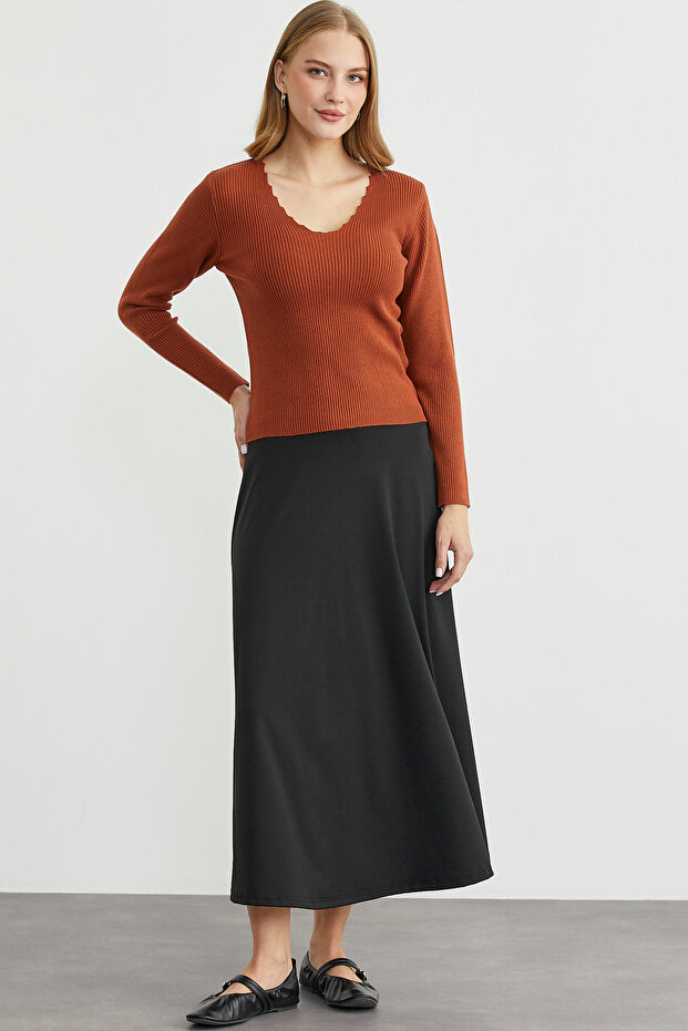 Fitilli Basic V Yaka Triko Kazak - Kiremit - 2