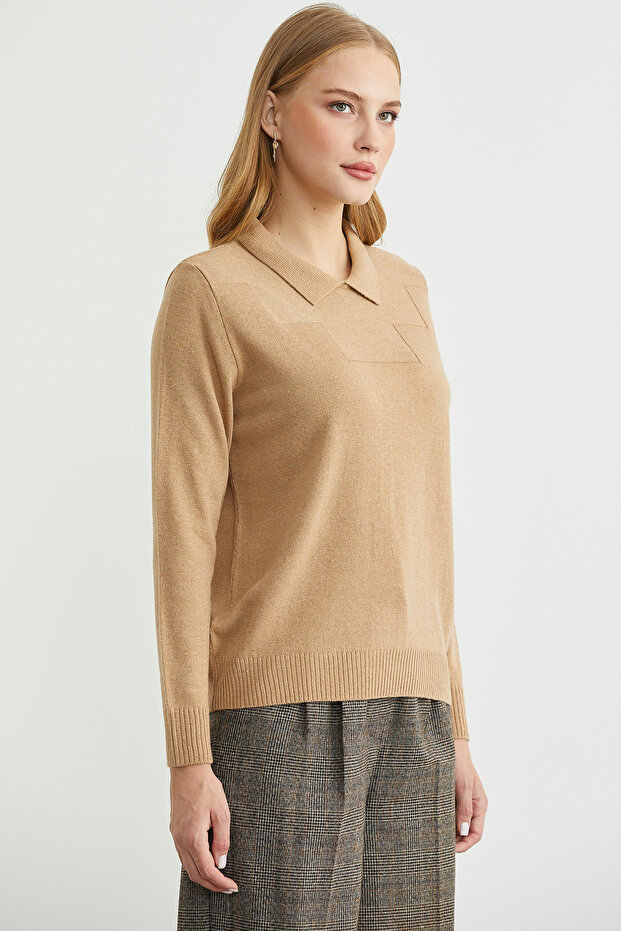 Bebe Yaka Yünlü Triko Kazak - Kamel - 2