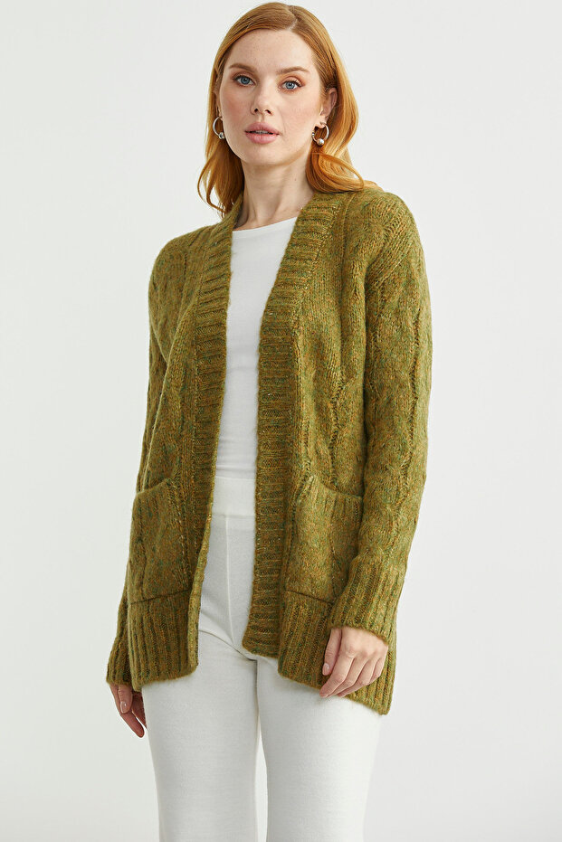Hair Braid Motif Pocketed Knitwear Cardigan - Green