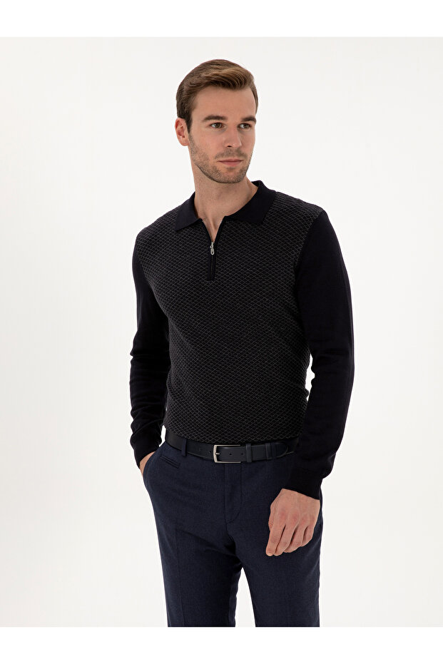 Navy Blue Slim Fit Cotton Blend Zippered Polo Neck Knitwear Sweater 50318948-Vr033