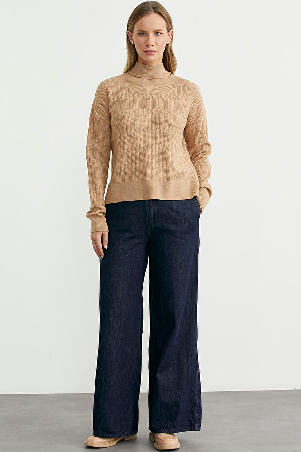 Saç Örgü Basic Dik Yaka Triko Kazak - Kamel - 1