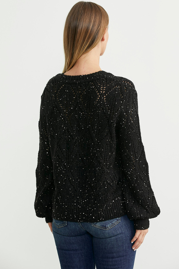 Delikli V Yaka Pullu Triko Kazak - Siyah - 5