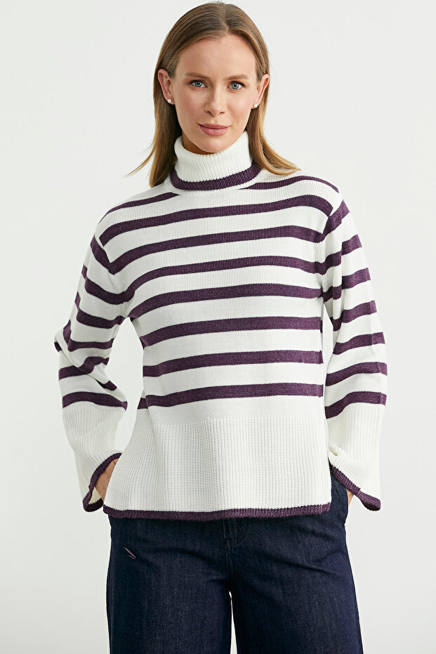 Woolen Full Fisherman Striped Knitwear Sweater - Bone