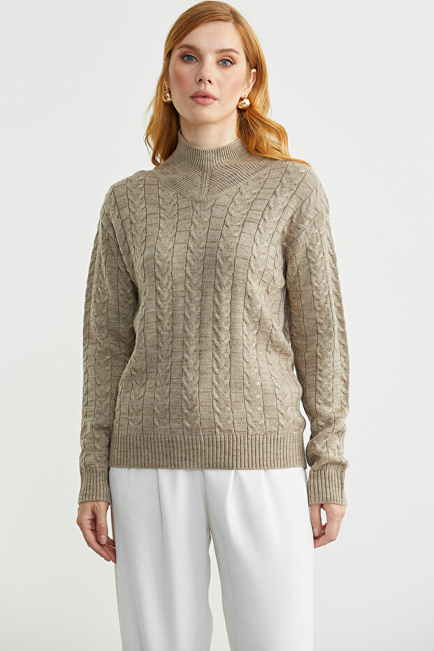 سترة صوفية بياقة عالية - بيج - 1