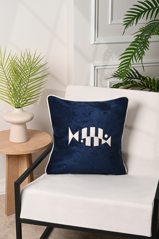 Navy Blue Velvet Throw Pillow Cover with Leather Applique Fish Design 43X43Cm