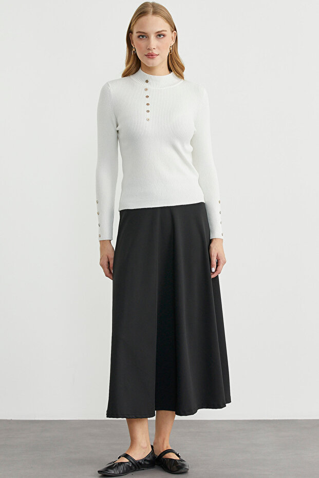 Fitilli Dik Yaka Basic Triko Kazak - Kemik - 1