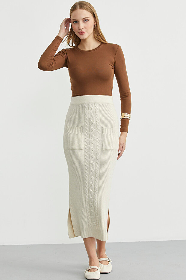 Long Knit Skirt with Pocket Detail - Stone