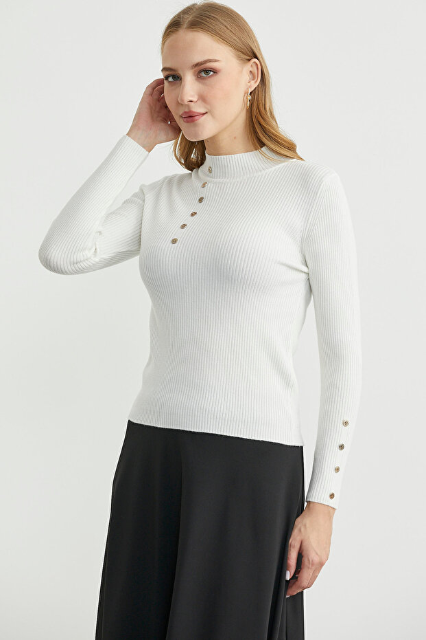 Fitilli Dik Yaka Basic Triko Kazak - Kemik - 4