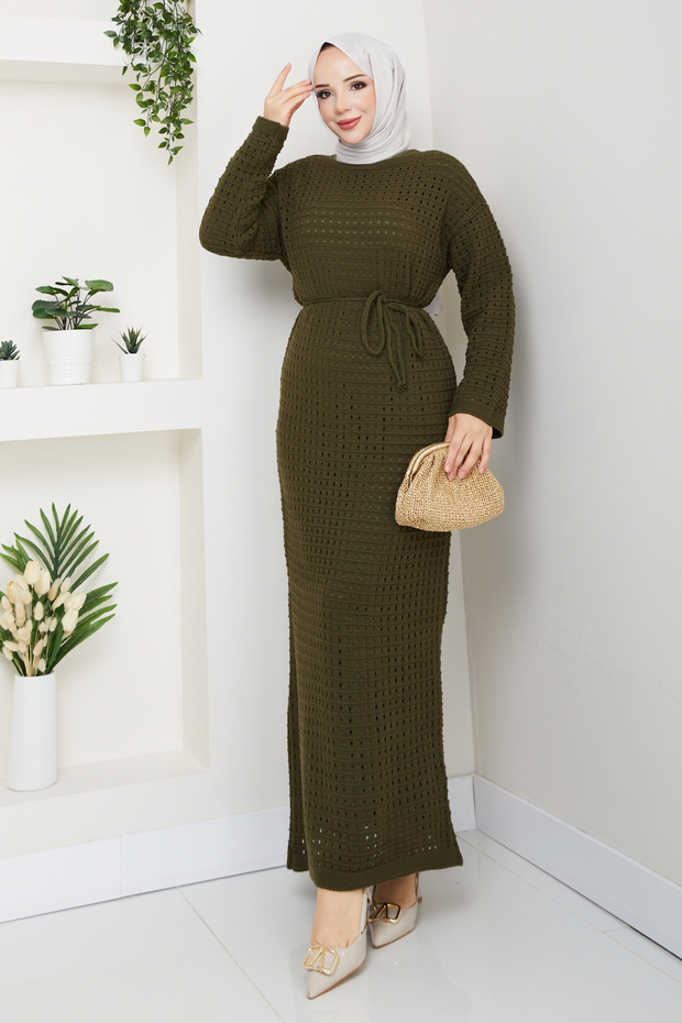Women's Innerwear Set with Inner Lining, Double Set, Belted Knitwear Dress