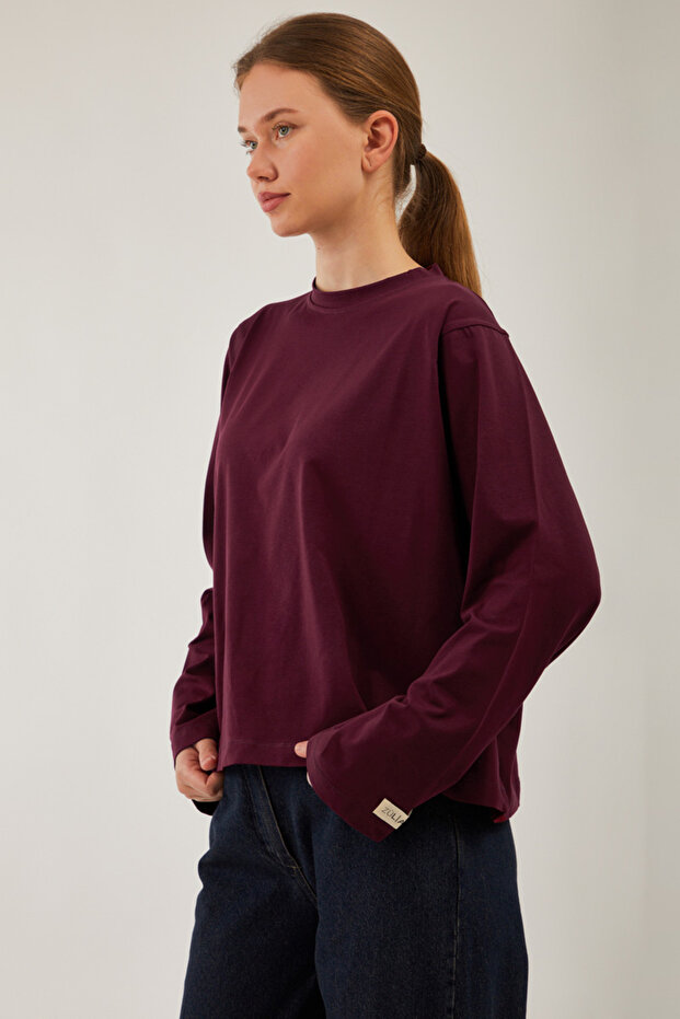 Pamuklu Uzun Kollu Tişört Bordo - 5