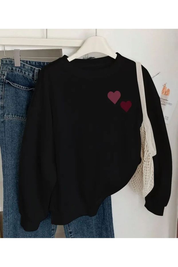Chest Heart Printed Crew Neck Sweatshirt with Fleece Inside
