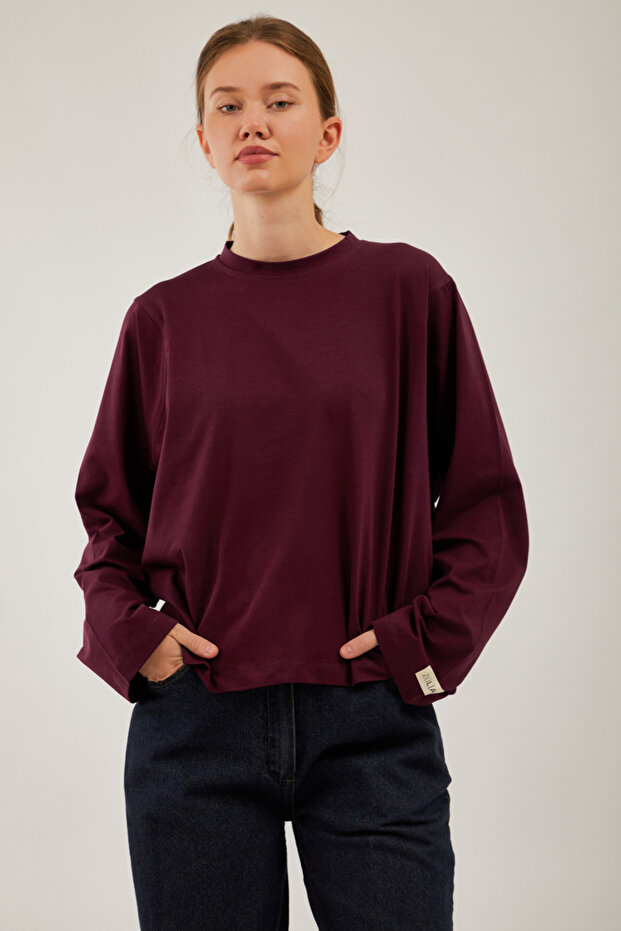 Pamuklu Uzun Kollu Tişört Bordo - 6