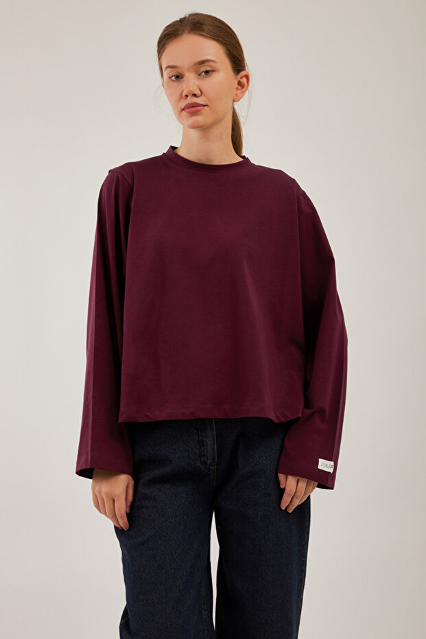 Pamuklu Uzun Kollu Tişört Bordo - 3