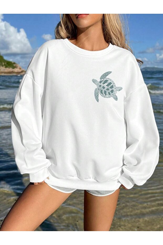 Women's White Turtle Printed Crew Neck Sweatshirt