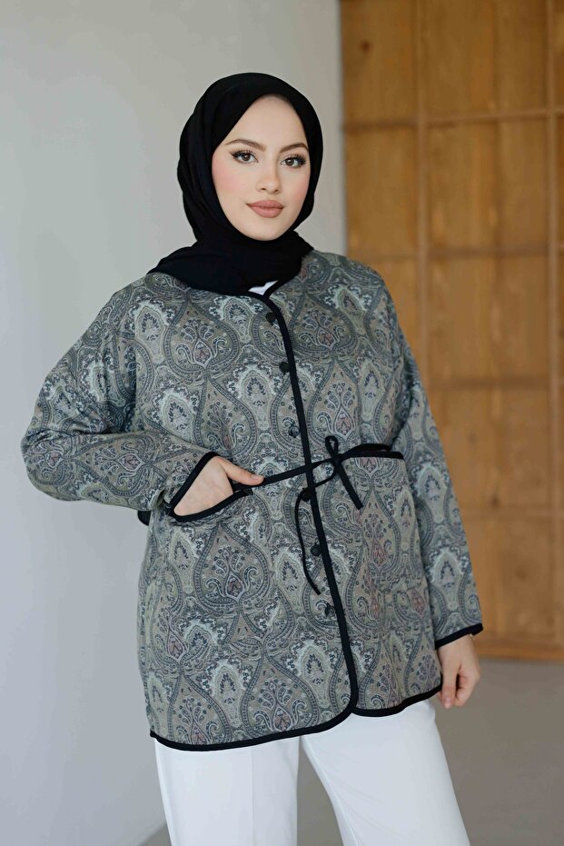 Ethnic Patterned Jacket Navy-Gray - 1