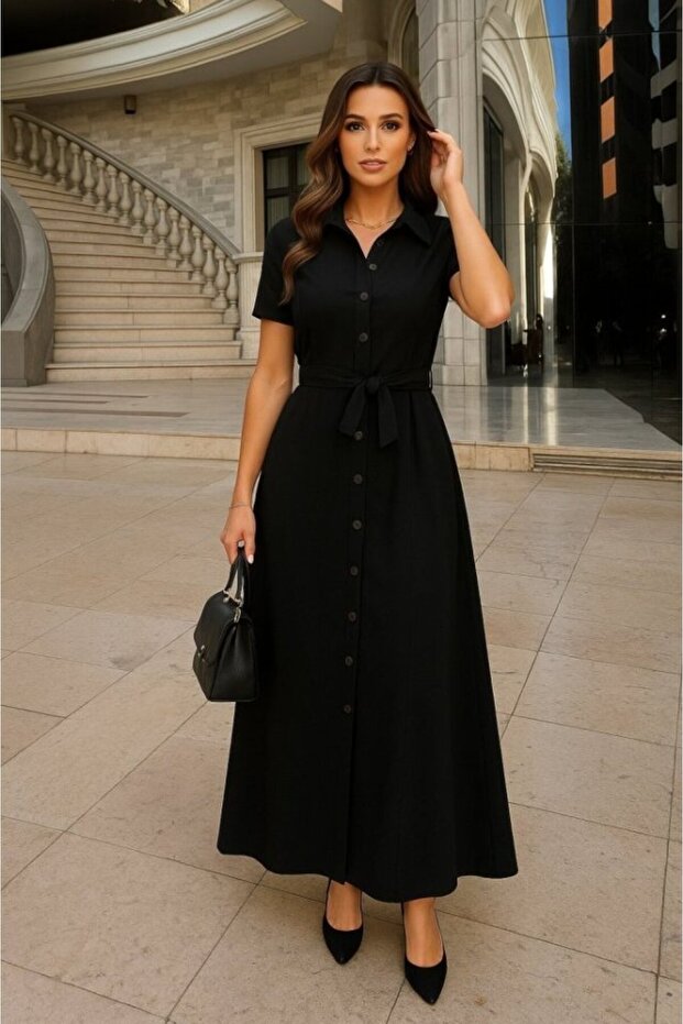 Women's Short Sleeve Collared Front Buttoned Waist Belted Imported Linen Dress