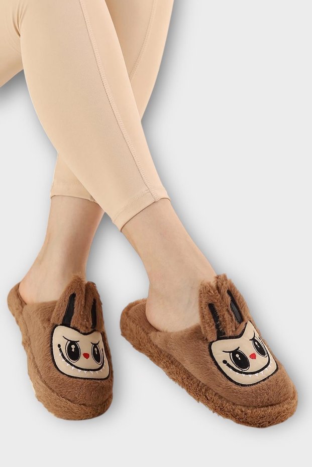 Warm Winter Women's House Slippers with Cute Rabbit Figure Brown