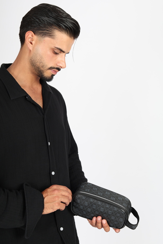 Black Patterned Unisex Water Resistant Shaving & Cosmetic Portfolio & Clutch Handbag Oval