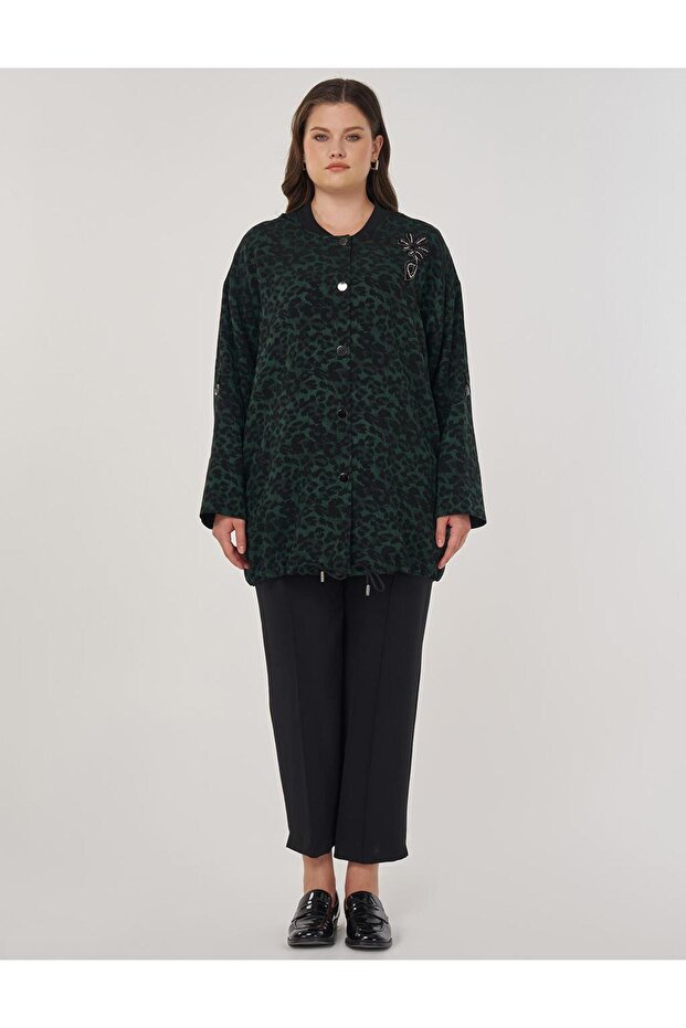 Leopard Pattern Viscose Jacket Forest Green - 3