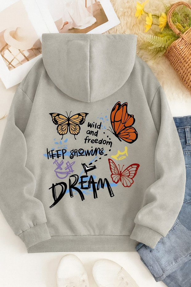 Unisex Hooded Printed Sweatshirt | Modern Casual Style with Colorful Butterfly Pattern and Text Detail