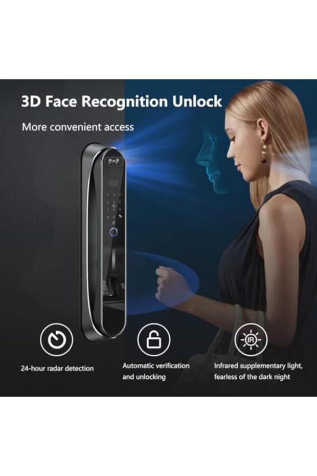 قفل ذكي مزود بكاميرا، وخاصية التعرف على الوجه ثلاثي الأبعاد، ومراقبة في الوقت الفعلي، وقفل اتصال داخلي عبر الفيديو عبر شبكة WiFi، وتطبيق - 3