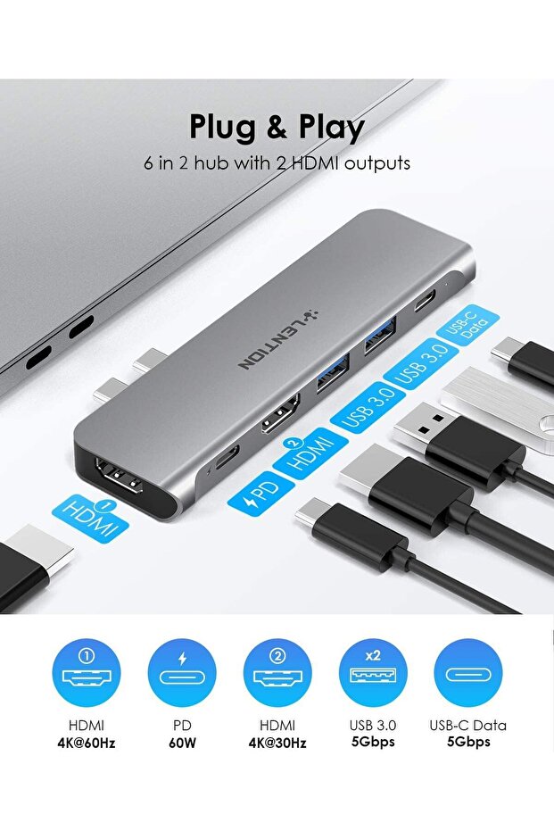 USB C Hub with Dual 4K HDMI, 2 USB 3.0, USB-C Data Port, 60W PD (CB-CS67, Space Gray) - 3
