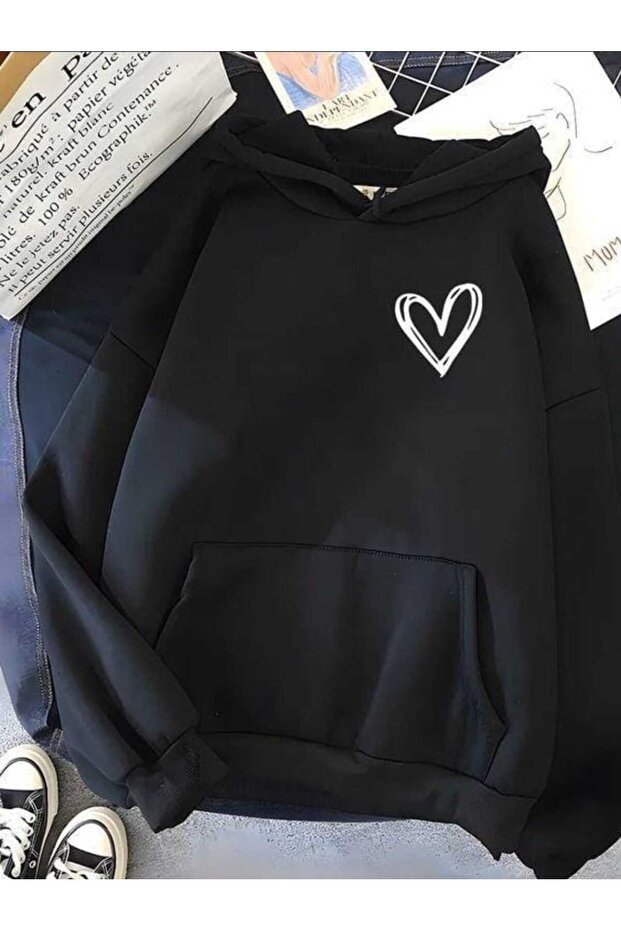 Unisex Heart Print Design Trendy Oversize Hooded Sweatshirt