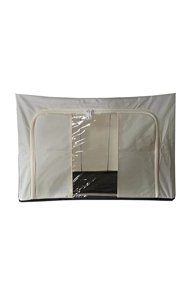 Flippy Foldable Storage Box, Metal Frame, Zipper, 100L, Textile, 60x42x40 cm, Plastic Base, Beige - 1
