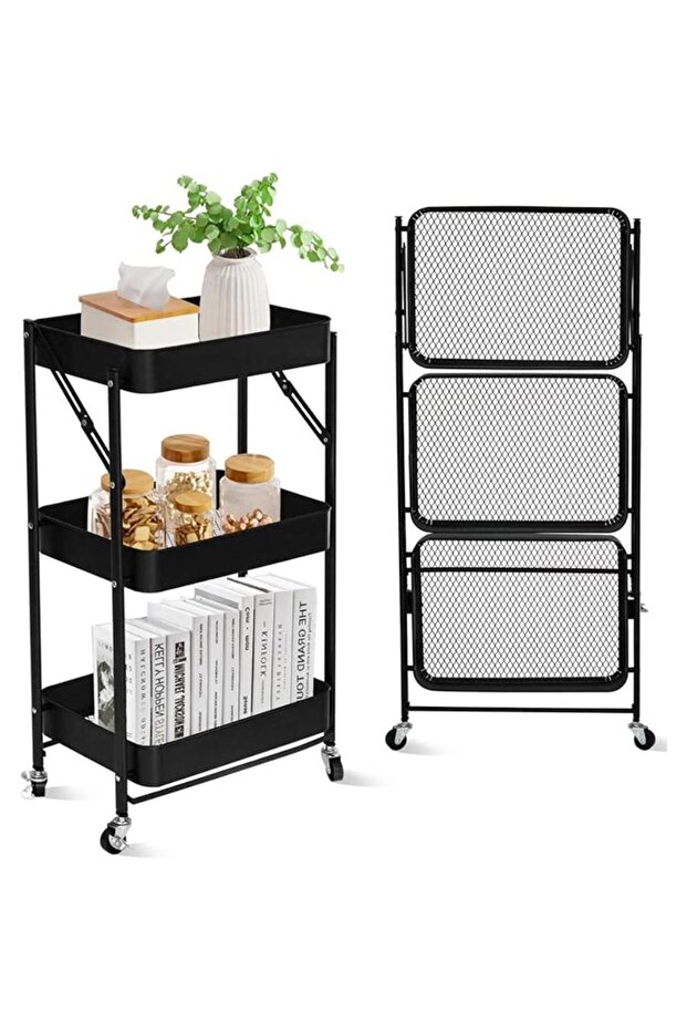 3-Tier Rolling Utility Cart with Mesh Panels, Mobile Storage Organizer with Wheels, Black