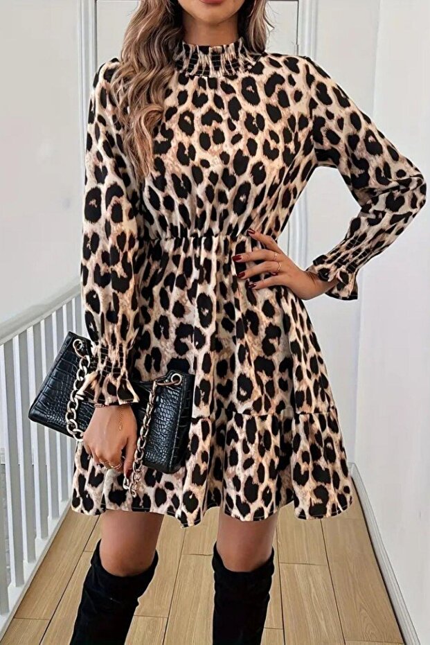Rochie modală cu guler cu model leopard - Leopard - 1