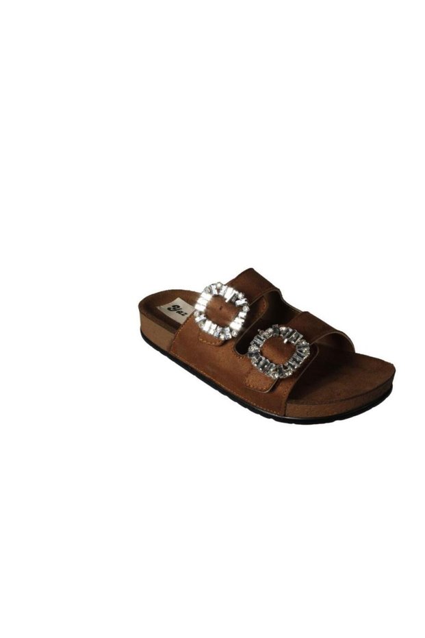Yazkiş Women's Black Cream Double Buckle Buckle Shiny Stone Cork Sole Slippers