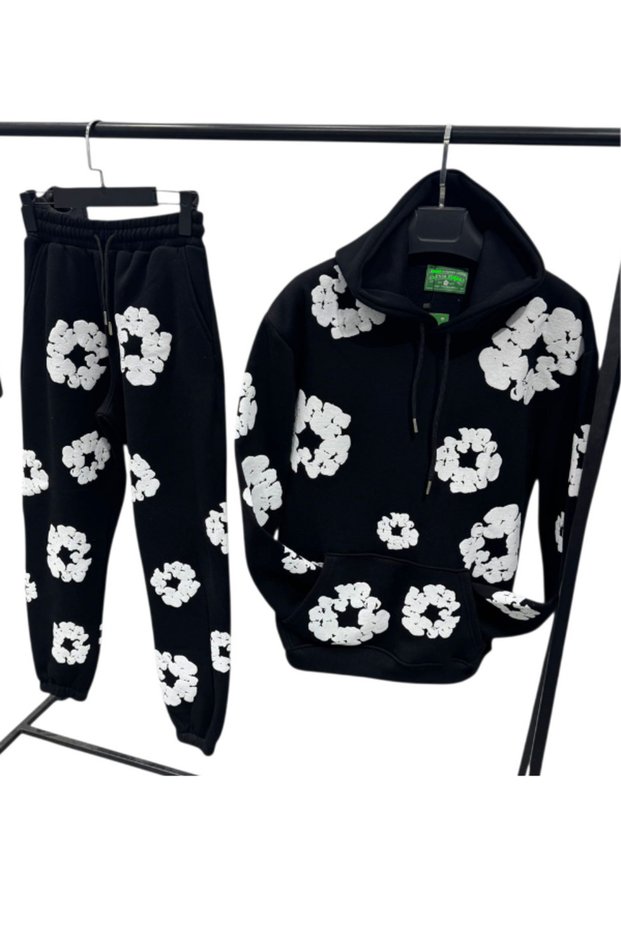 Unisex Oversize 3 Thread Tracksuit Set Embossed Floral Pattern Hoodie and Sweatpants Streetwear
