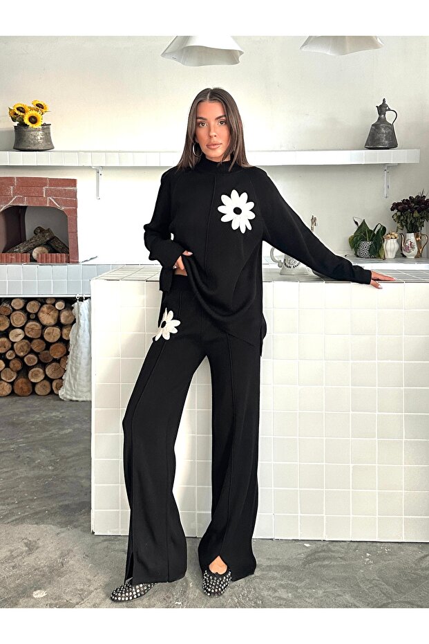 Women's Stylish Floral Embroidered Black Half Turtleneck Sweater Pants Bottom Top Knitwear Set