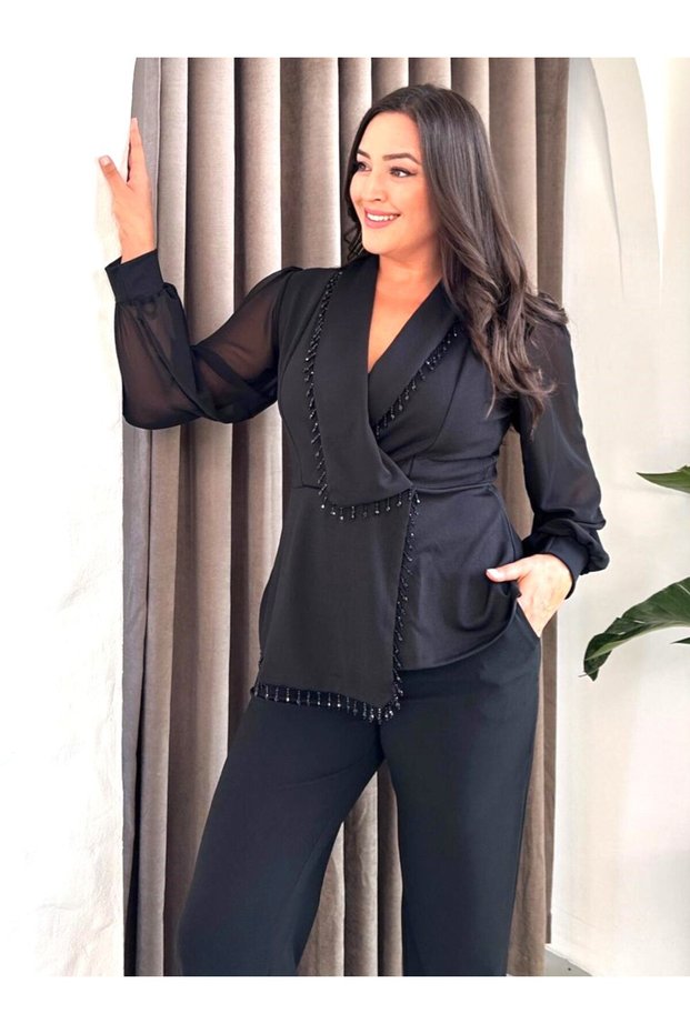 Women's Black Plus Size Jacket Collar Stone Detailed Long Sleeve Evening Dress Two Piece Set