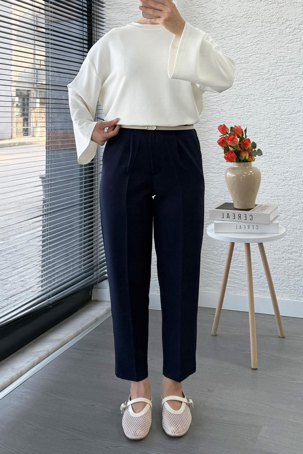 Carrot Cut High Waist Casual Pants - Navy Blue