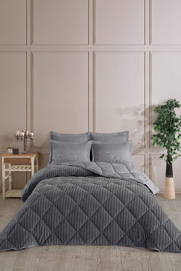 Otelonia Striped Jakarlı Wellsoft Çift Kişilik Uyku Seti Lastikli Çarşaflı 4 Parça