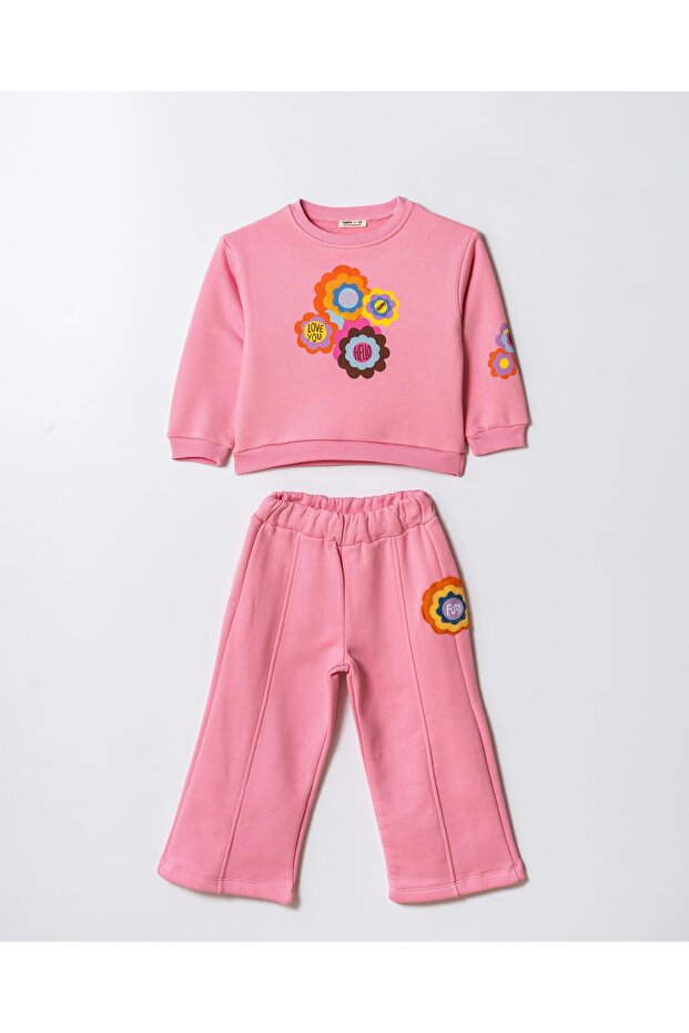 Girls' Cotton Pink Floral Pattern Sweatshirt and Sweatpants Set - Colorful Fun Print
