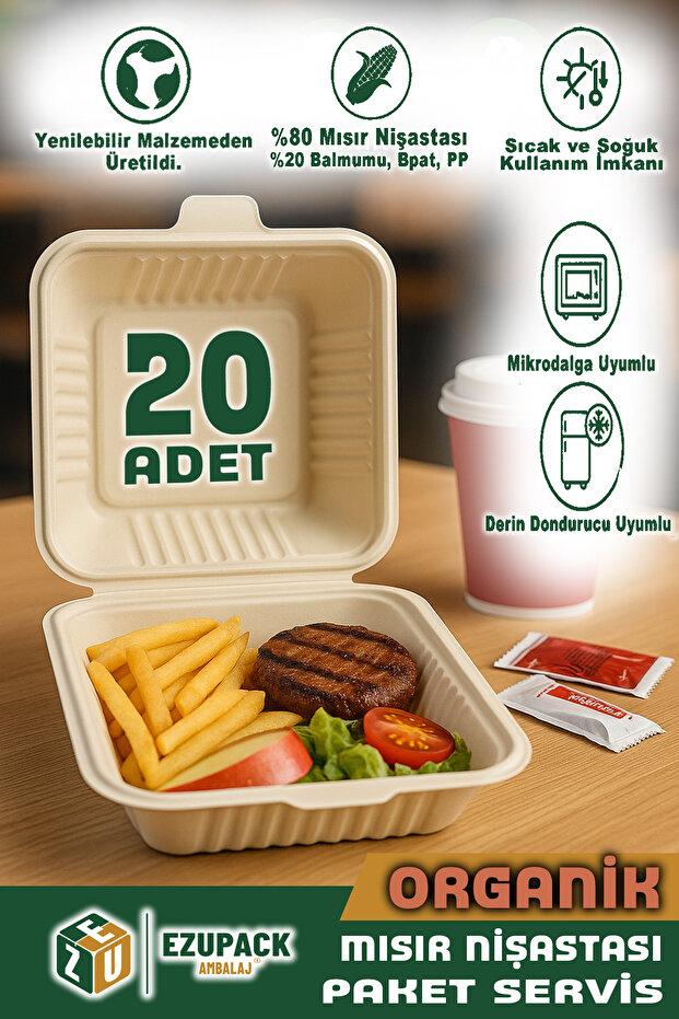 20 Adet ORGANİK Tek Göz Paket Servis Yemek Kabı Mikrodalga Derindorucu Dayanıklı Yıkanabilir - 1