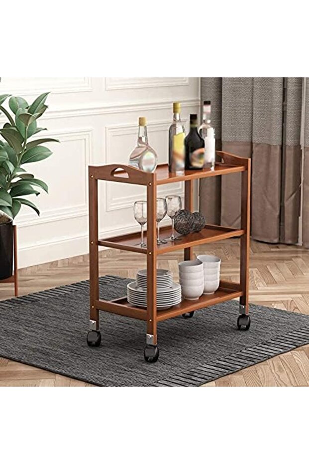 FFD Bamboo Kitchen Trolley - Multi-Functional Storage Rack with Rotating Wheels, Serving Wine