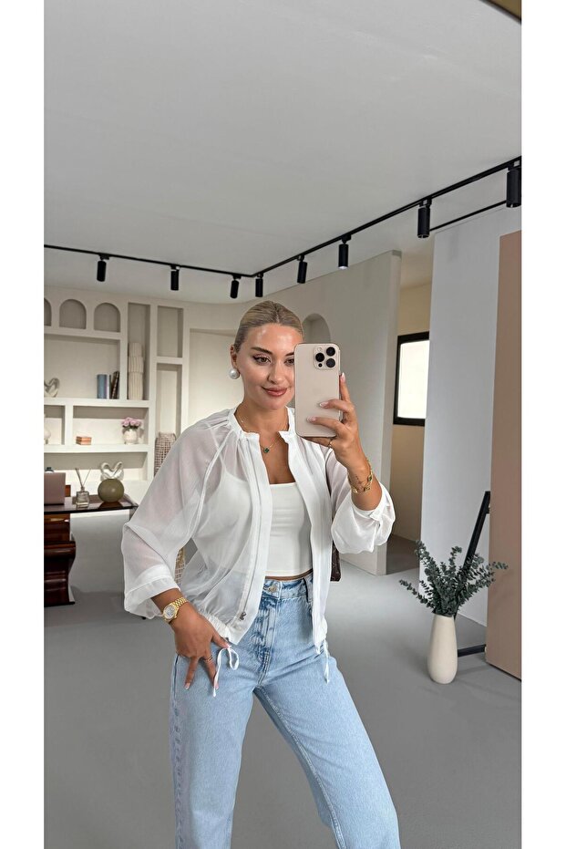 White Chiffon Jacket with Gathered Waist