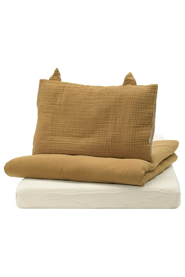 GULDVÄVARE 3-piece bedlinen set for cot, dark yellow/beige, 60 x 120 cm
