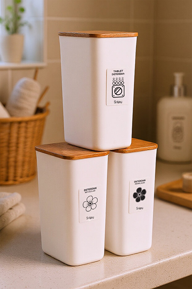 Clean - 3'lü Büyük Boy Deterjan Saklama Kutusu Etiketli Banyo Toz Tablet Toz Deterjan Kutusu 2900 ml - 3