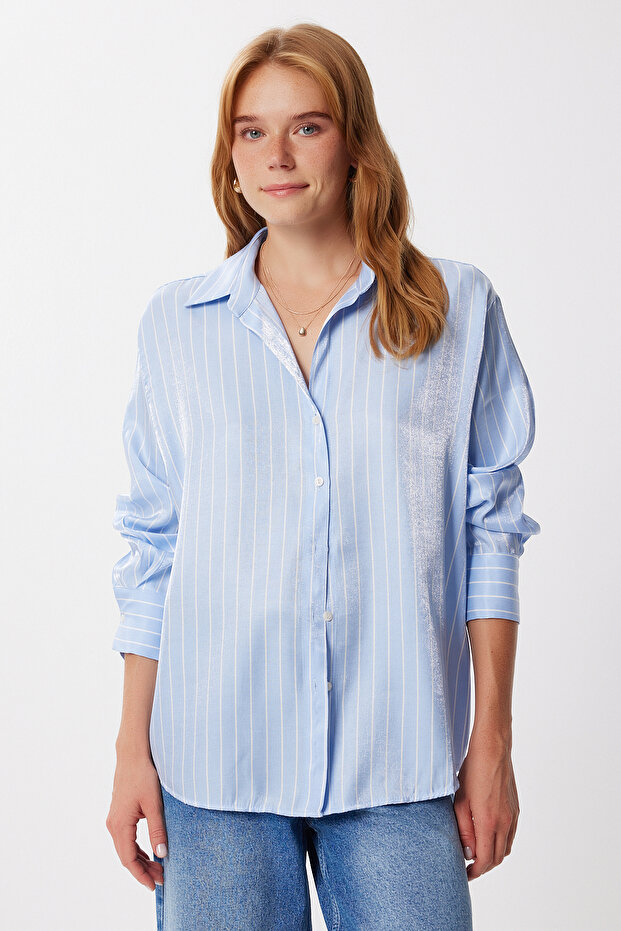 Striped Glitter Satin Surface Shirt Lfz0013 Sky Blue