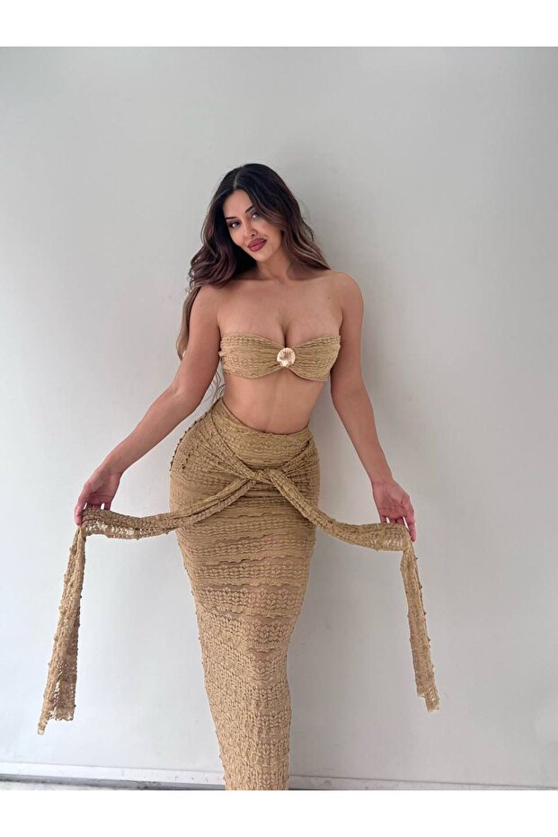 Beige Sydney Seashell Lace Skirt Two-Piece Set