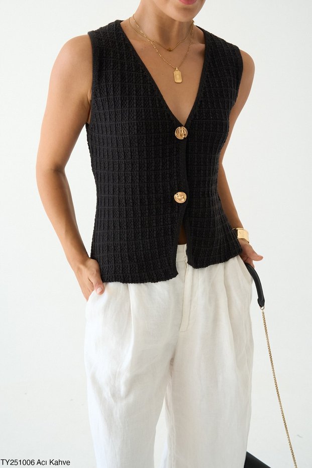 Women's Clothing Aci Brown Gold Button Closure Vest New Season Texture Detailed