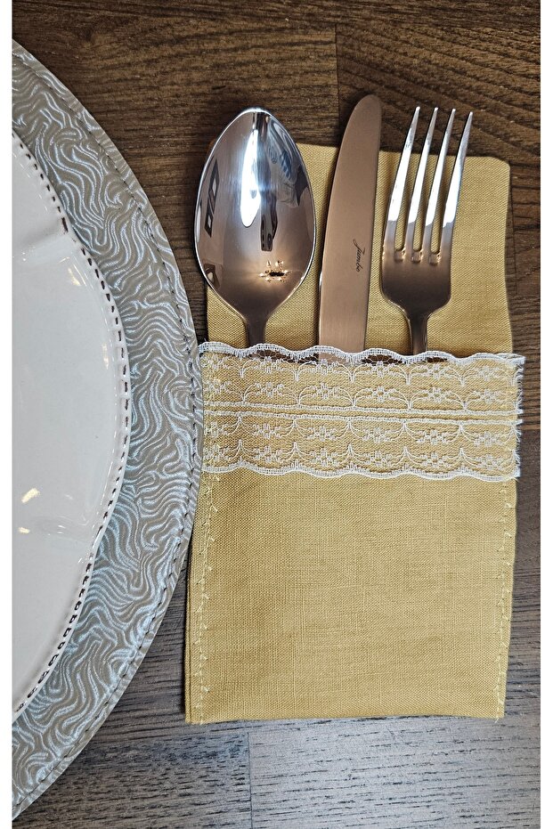2 Pieces Lace Trim, Dark Cream Cotton Linen Cutlery Cover Set, Spoon Holder Serving Presentation, Table Decor