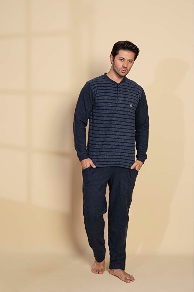 Guava Erkek 3 Düğmeli Desenli Uzun Kol Göğüs Cepli Selanik Kumaş Kışlık Kalın Cepli Pijama Takımı - 2