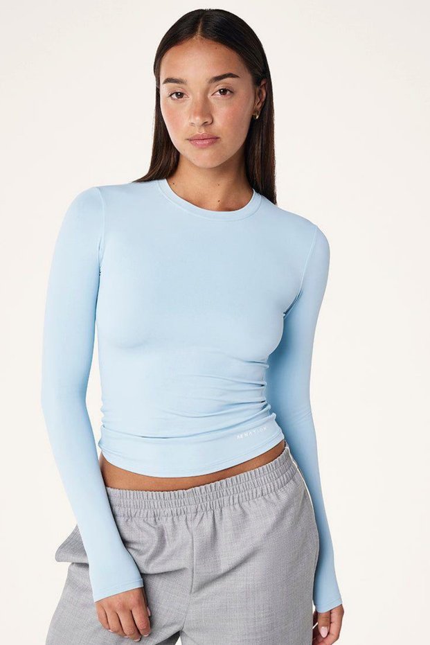 Women's Cotton Finger Insert Detail Bodycon Crew Neck Long Sleeve Blouse