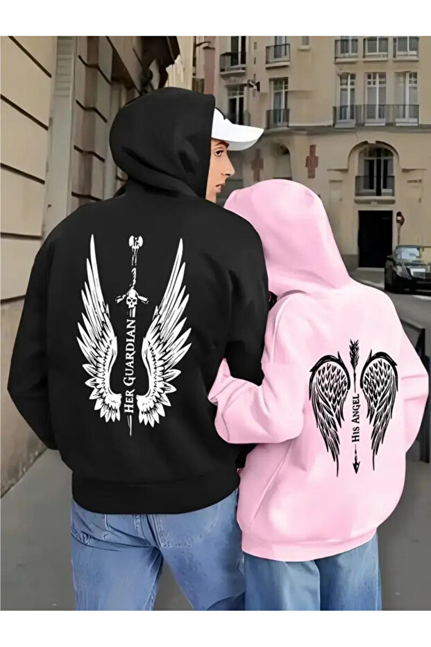 طقم سويت شيرت بقلنسوة بتصميم مطبوع من مجموعة Lover Combination Angel and Guardian مكون من قطعتين
