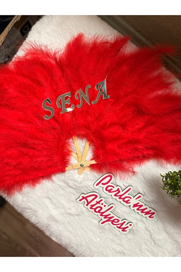 Red bridal fan with name written in silver color